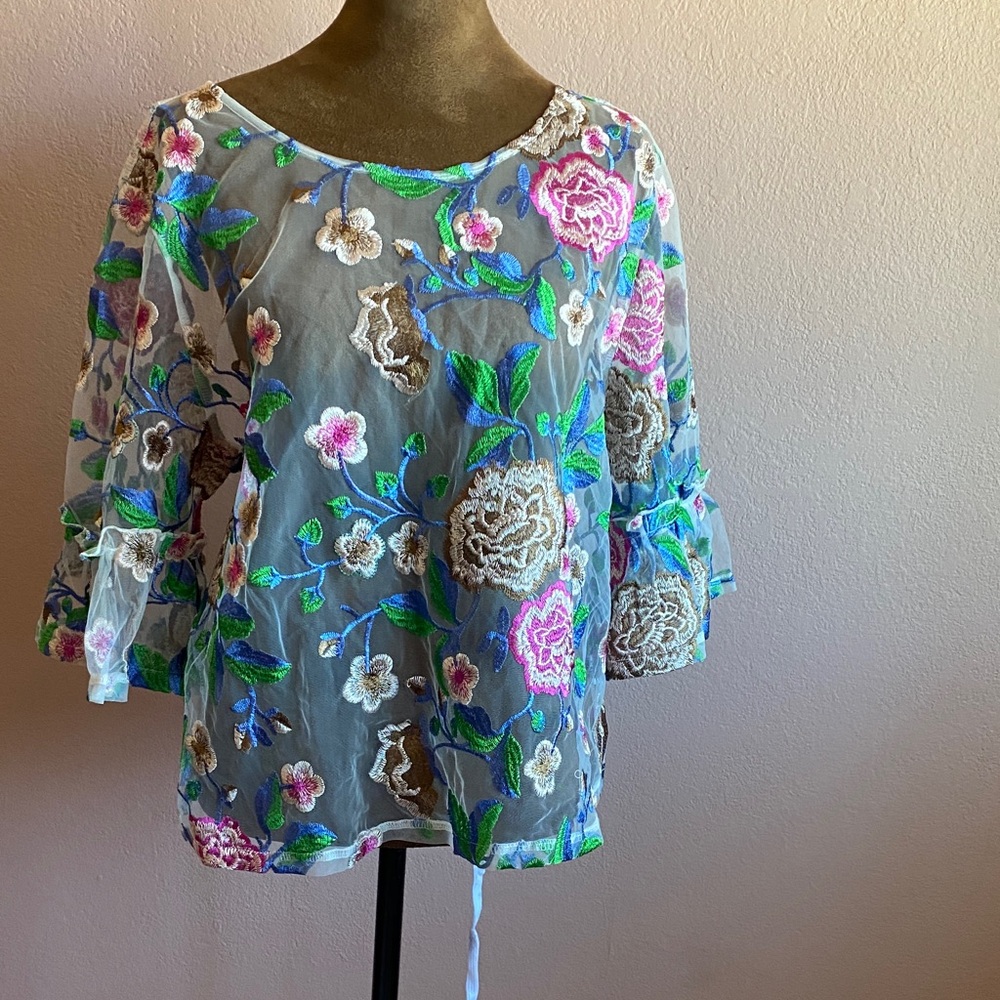 Pastel Embroidered Sheer Floral Blouse - Gray with Pink & Green